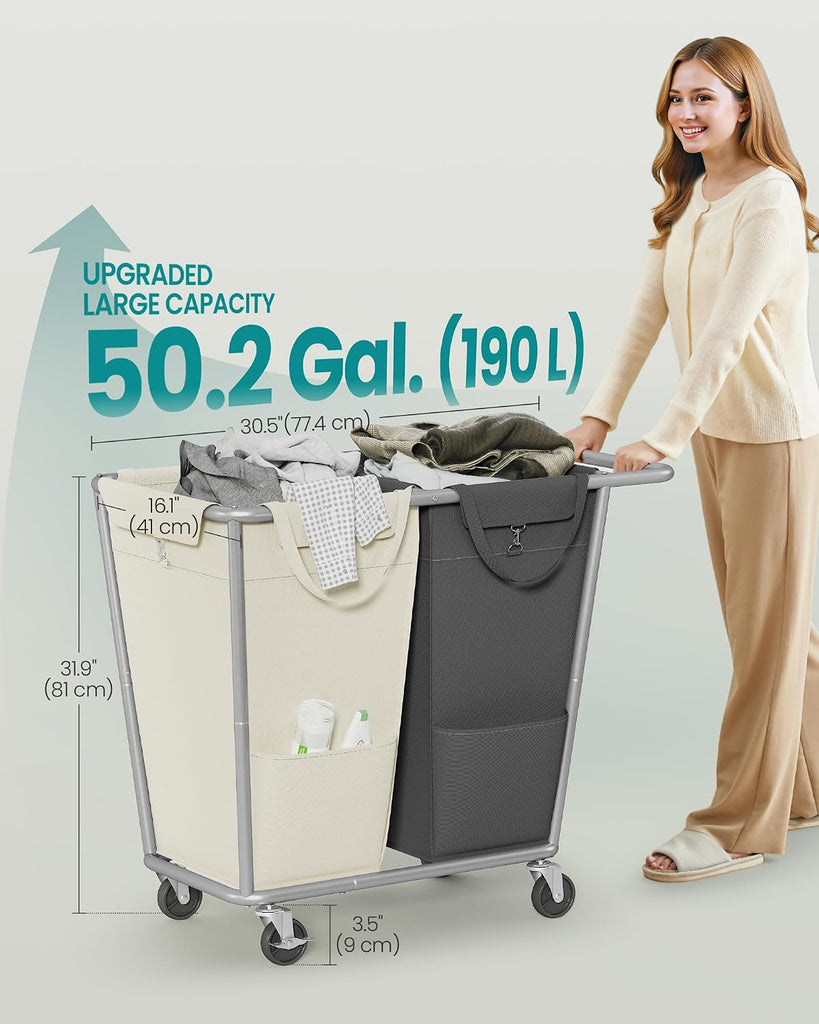 Laundry Basket with Wheels, 2-Section Laundry Sorter, 50.2 Gallons (190 L) Rolling Hamper with Removable Bags
