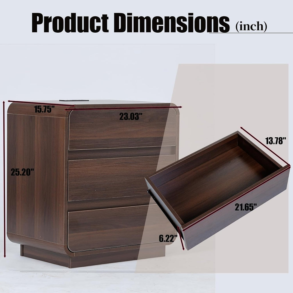 Modern Nightstand Set of 2 with Charging Station, Wood Bedside Table with 3 Drawers, Night Stands (Walnut)