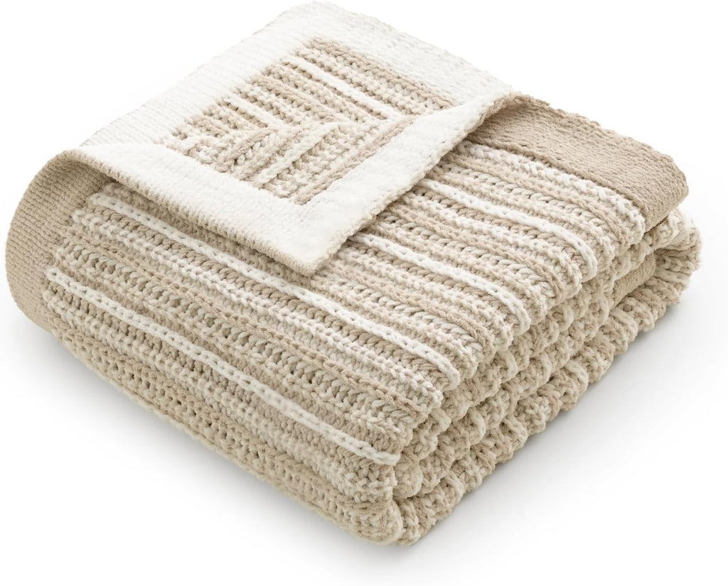 Striped Knit Throw Blanket, Dual-Sided Soft Chenille Decorative Blankets, 50"x60", Khaki & White