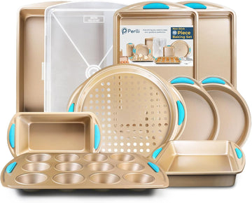 Kit: Nonstick Gold Steel Oven Set - 10 Pieces, Cookie Sheets, Cake Pans, 9x13Pan with Lid, Loaf & Deep Pans, Pizza
