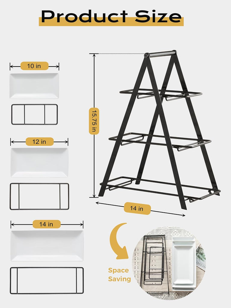 3 Tier Serving Tray Tiered Tray Stand, 10+12+14 Inch, Black | Ceramic Serving Platters and Trays with Metal Rack