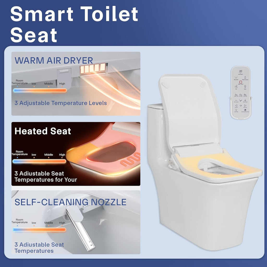 Square Electric Bidet Toilet Seat with Remote Control, Warm Water Wash, Heated Seat, Adjustable Temperature, Moving Nozzle Massage, Night Light, Fits Existing Toilets