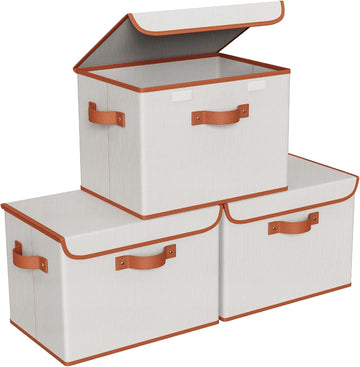 Fabric Storage Bins with Lid, Stackable Storage Box, Beige, 3 PCS | Heavy Duty, Large Capacity, Leather Handle