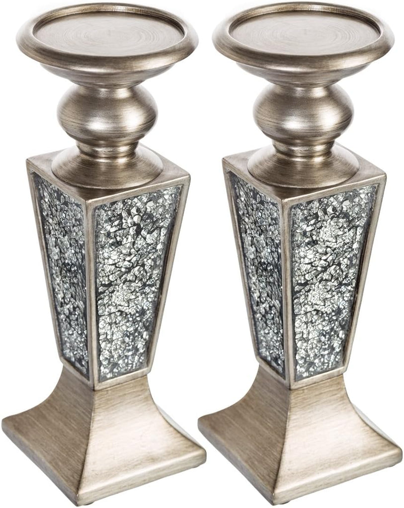 Schonwerk Silver Pillar Candle Holder Set of 2 - Crackled Mosaic Design - Centerpiece Table Decoration - Coffee Table