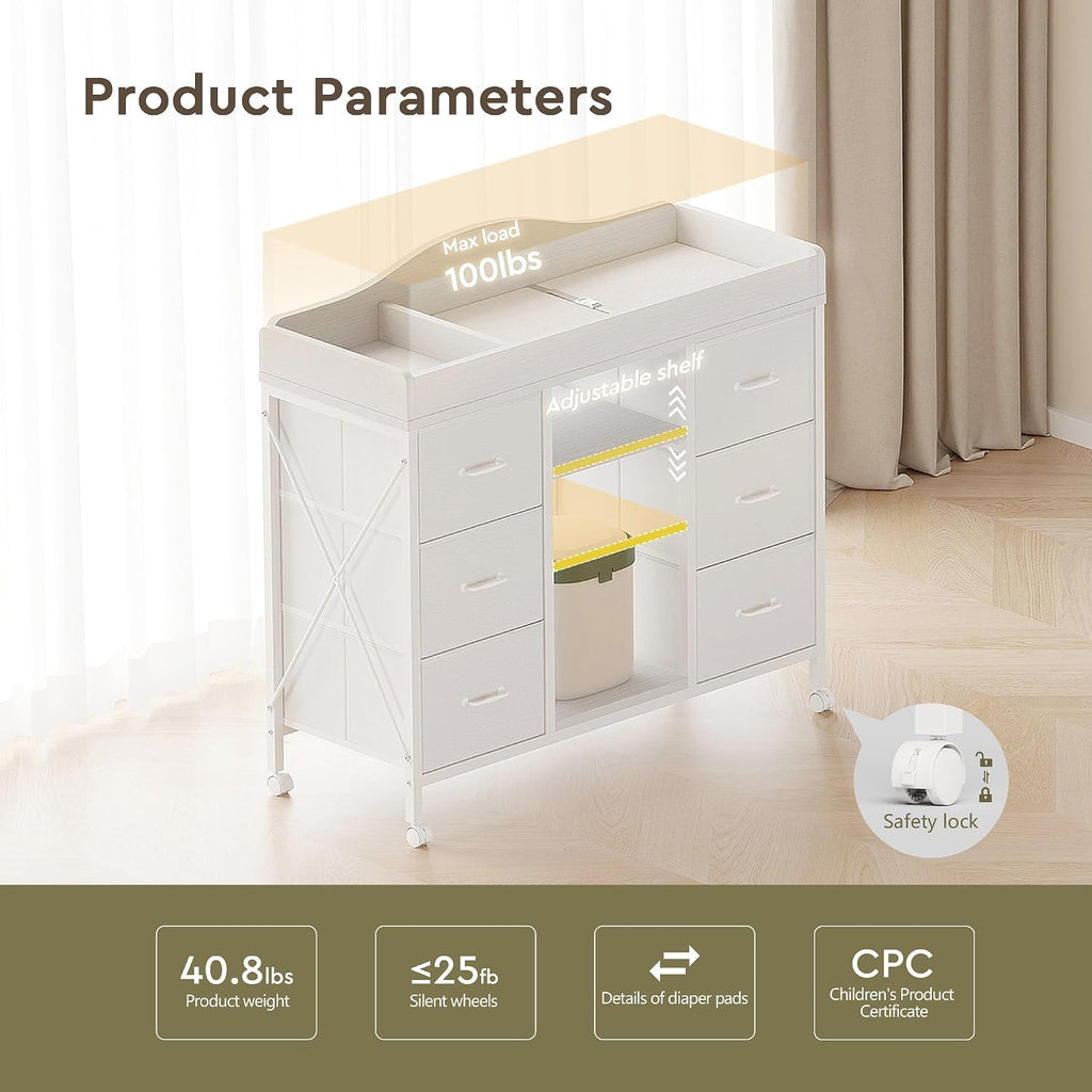 Changing Table, 6-Drawer Dresser, Adjustable Shelves, Mobile, White | Changing Table,Waterproof Diaper pad & Safety