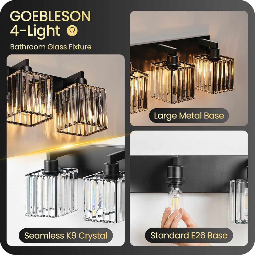 Modern Crystal Vanity Light, 3-Light Bathroom Light Fixture, 22" Square Vanity Lighting Fixture, E26 Base, Bulbs Not