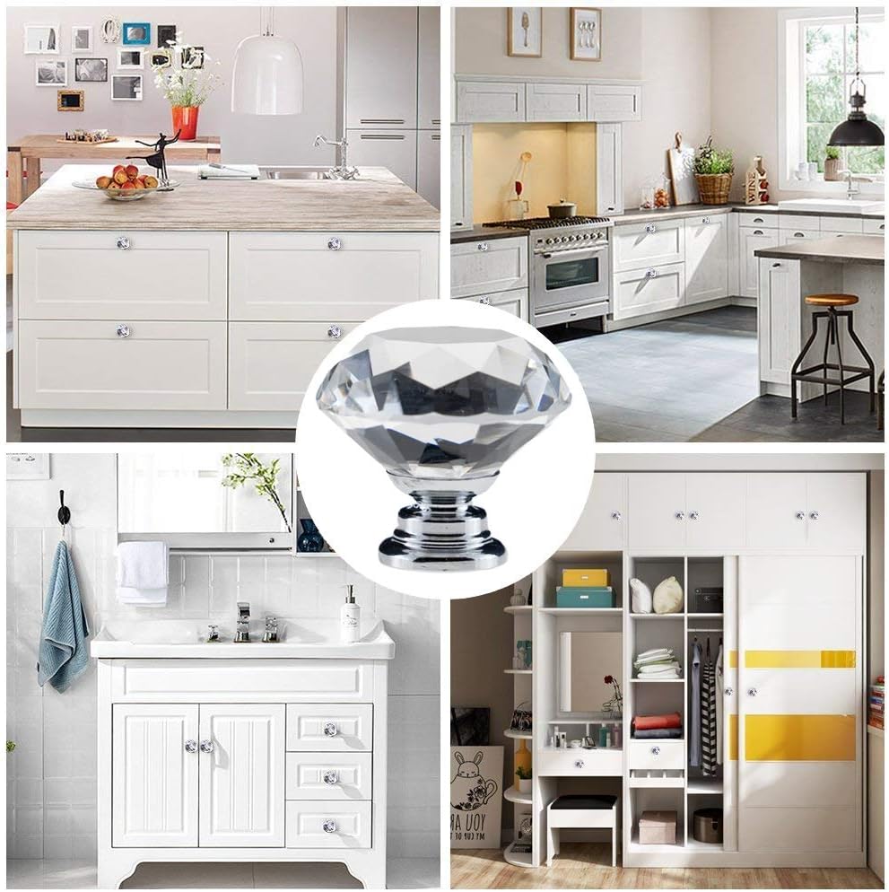 12 Pack Drawer Knobs Diamond Shaped Crystal Glass 30mm Cabinet Knobs Pull Handles (Silver)