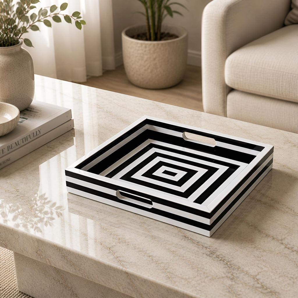 12x12 Decorative Tray for Coffee Table, Centerpiece & Vanity, Black and White Resin Inlay Concentric Pattern Inspired