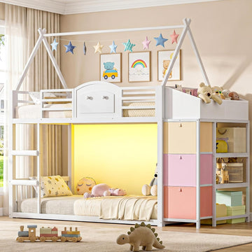 Bunk Bed Twin Over Twin with 3 Storage Drawers and Shelves, House Shaped Bunk Bed with Stairs and Guardrail