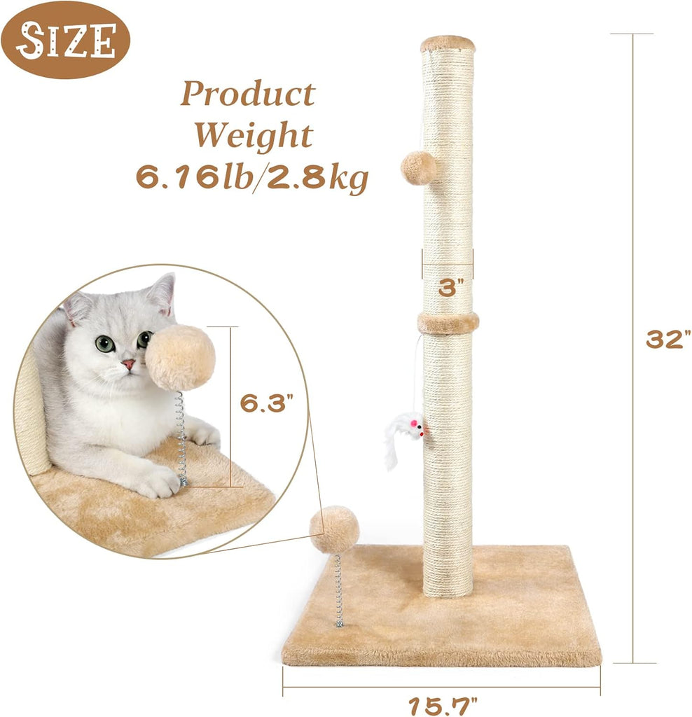 32" Tall Cat Scratching Posts for Indoor Cats, 3-in-1 Vertical Cat Scratching Post with Plush Toys