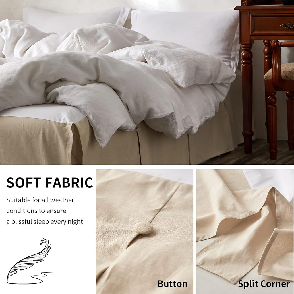 French Linen Bed Skirt Split Corner with Button 18-Inch Tailored Drop Natural Flax Cotton Blend Basic Dust Ruffle