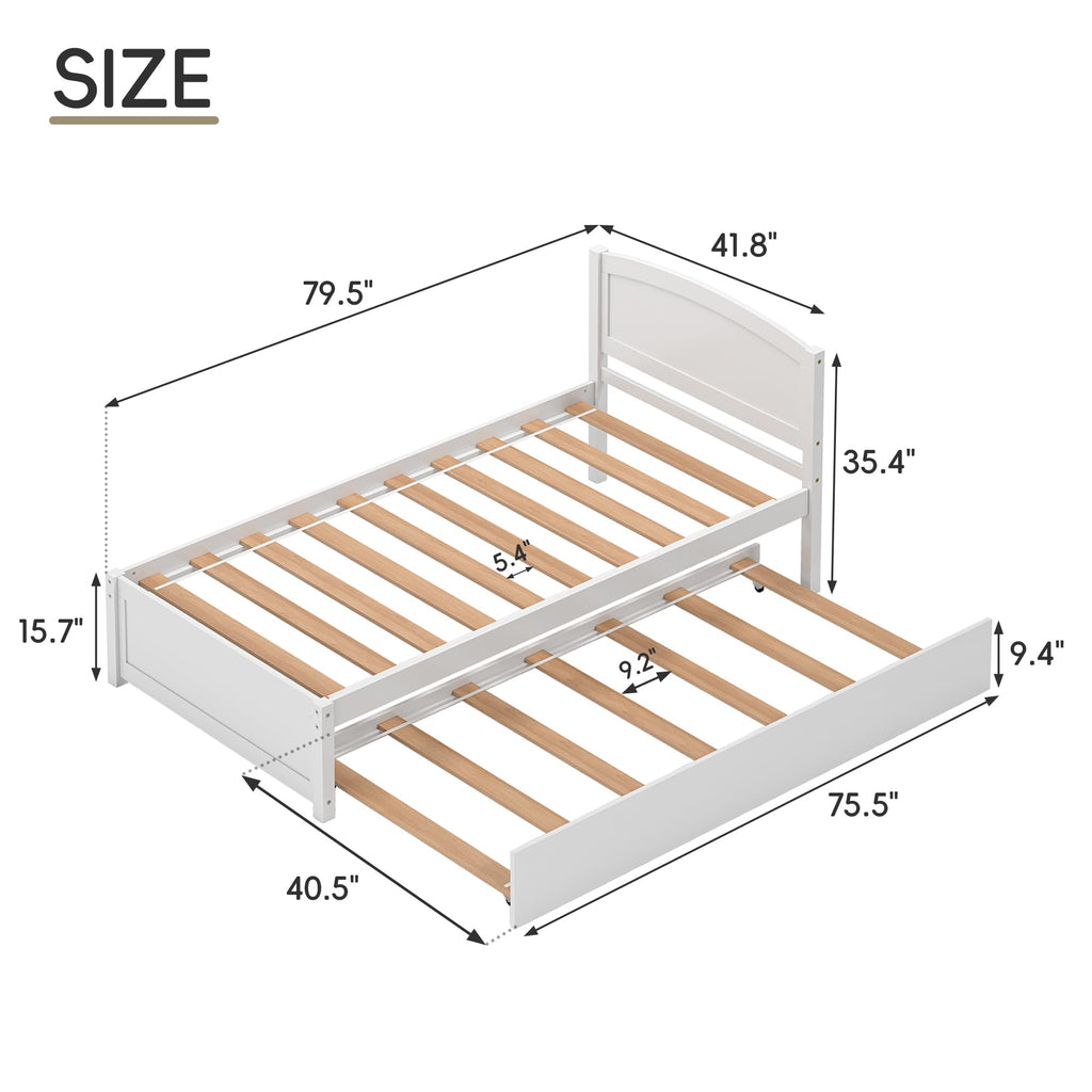 Twin Trundle Bed, Solid Wooden Pull Out Bedframe, Extendable Day Bed with Headboard and Soild Wood Slats Support