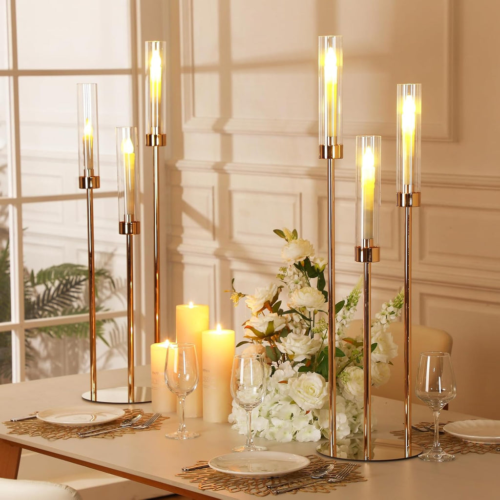 4 Set 3 Arm Candelabra Centerpiece 33.8 Inch Candle Holder Gold Candelabra Metal Floor Pillar Candlesticks for Tables