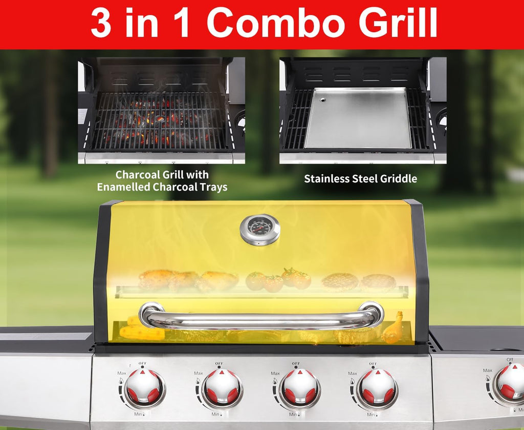Propane and Charcoal Grill Combo with Griddle, 4-Burner Gas Grill with Cast Iron Grates, Side Burner and Prep Space