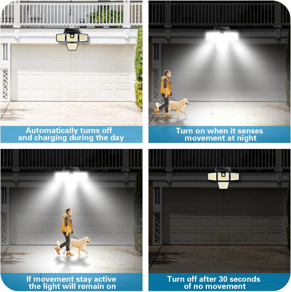 Solar Lights Outdoor, 2 Pack 300 LED High Brightness Cordless Solar Motion Sensor Lights; 4 Adjustable Heads,320°