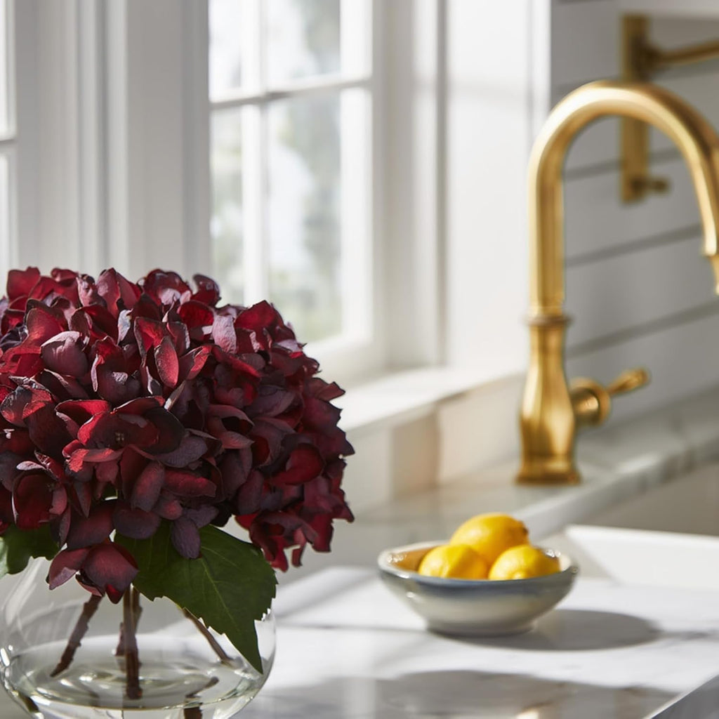 Burgundy Artificial Hydrangea Arrangement in Glass Vase with Faux Water, Lifelike Faux Hydrangea Flowers, Floral