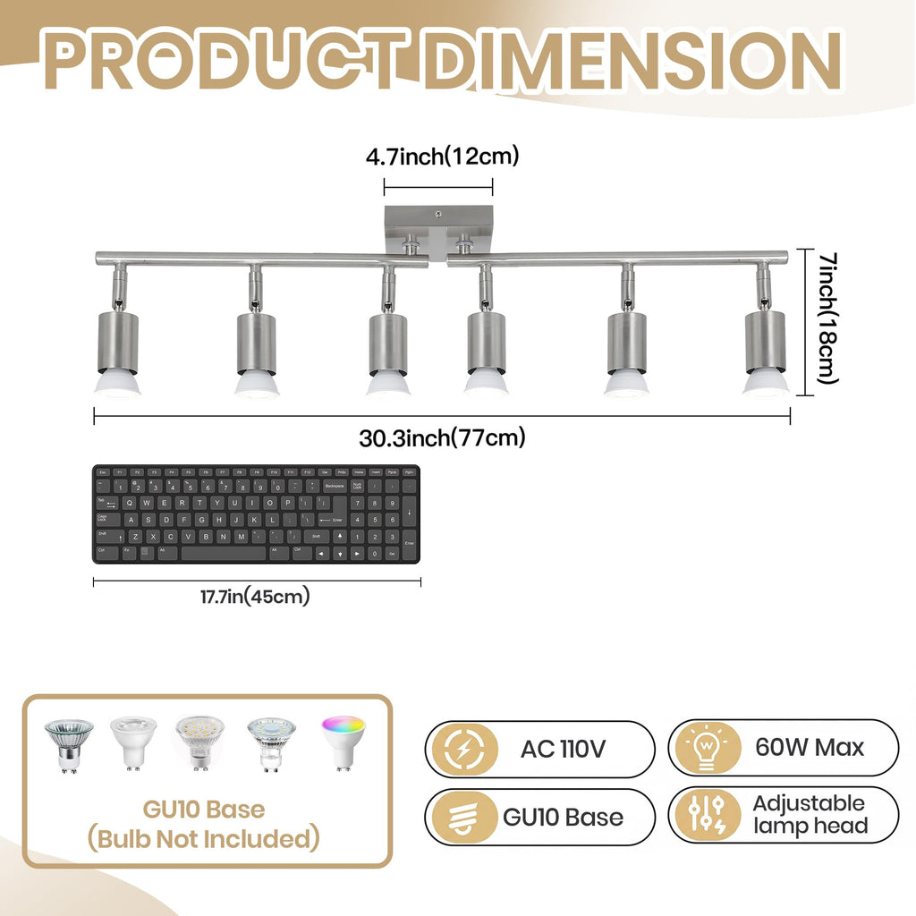Track Lighting Kit, Brushed Nickel Ceiling Spotlight Bar, Rotatable Light Heads, GU10 Socket Track Light