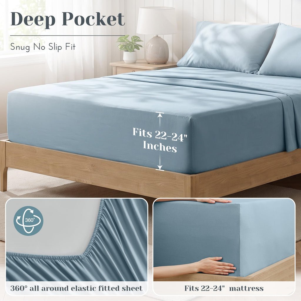 100% Cotton Percale Sheets King Extra Deep Pocket 4 Pc, Blue