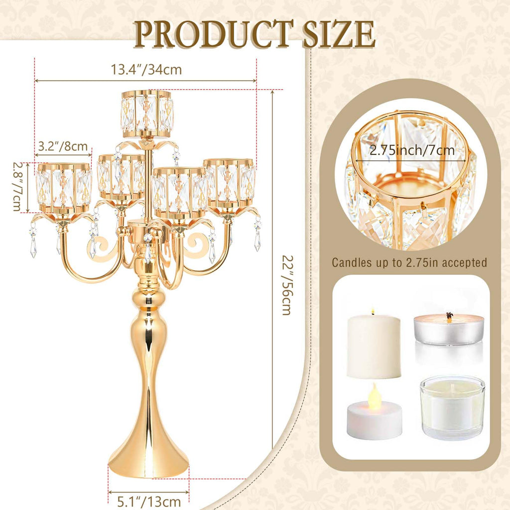 5 Arm Elegant Crystal Candle Holder, Candlestick for Wedding Table Centerpiece, 22 Inch Tall Candle Holder Table
