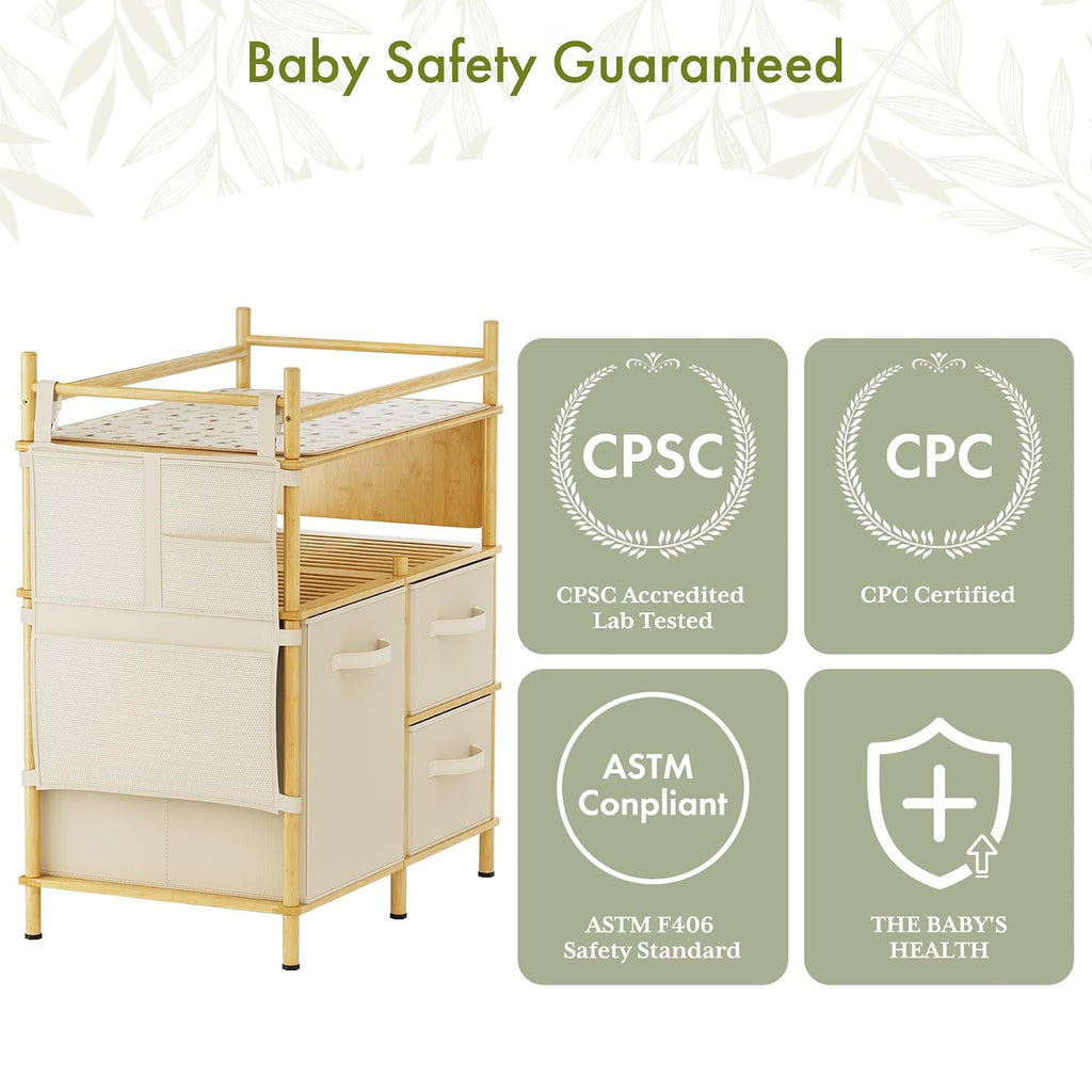 Baby Changing Table, Bamboo Baby Dresser Table with Flat Top, Diaper Changing Station with 3 Removable Storage