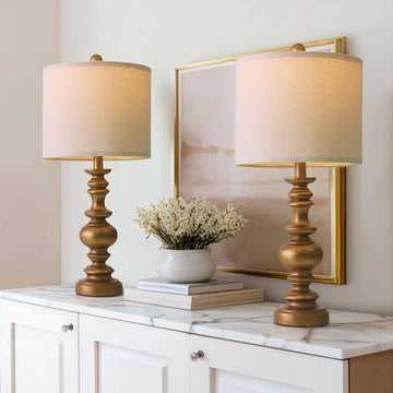 24" Traditional Lamps Set of 2 - Antique Gold Bedside Lamps with Linen Shades, Elegant Medium Farmhouse Lamps, and
