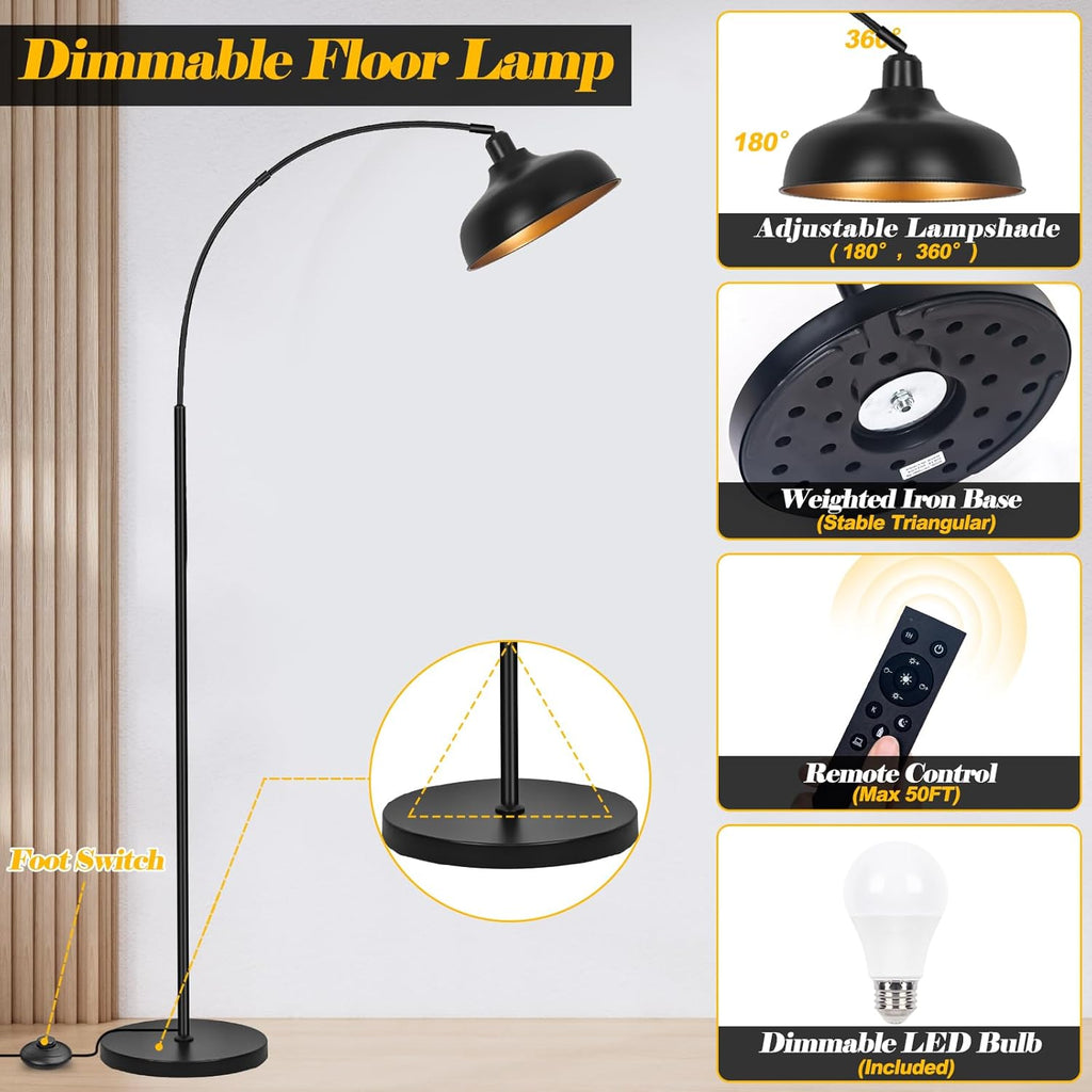 Arch Floor Lamps with Remote - Dimmable Floor Lamp 70”, Black Tall Lamp with 360° Adjustable Hanging Metal Shade