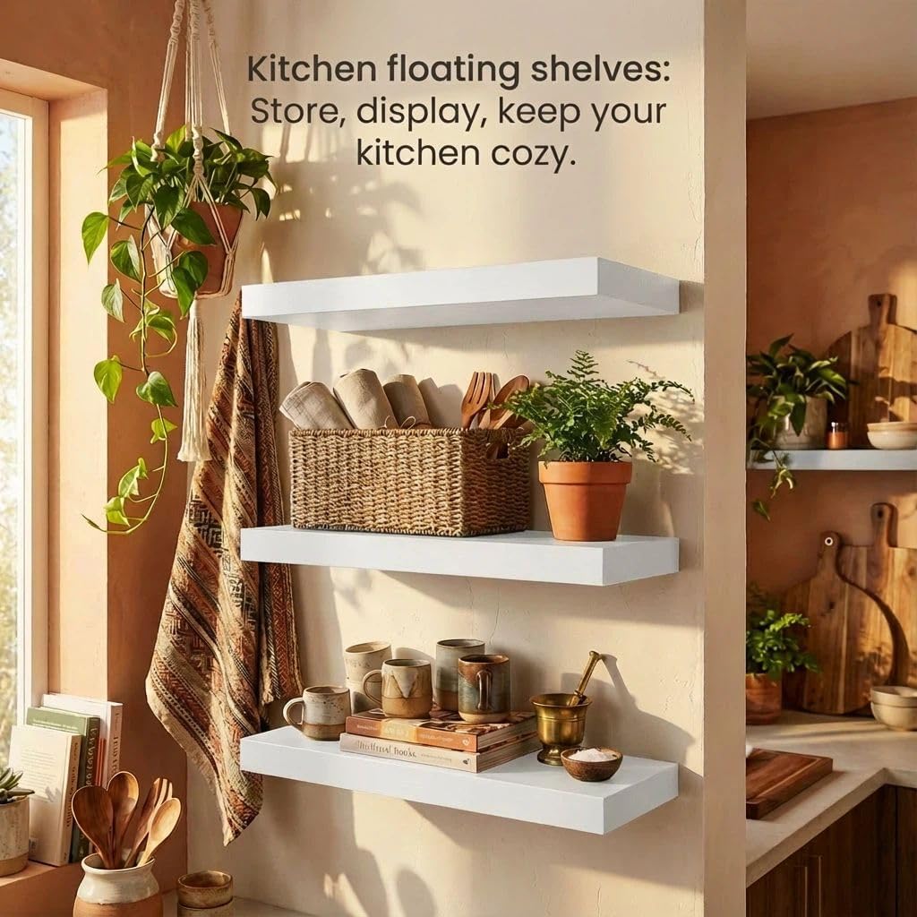 Floating Shelves Wall Shelf Solid Wood Bedroom Kitchen Set of 3, White Wall Shelves