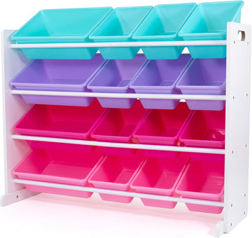 Kids Toy Organizer with 16 Bins, 4 Tier Storage | Sturdy wood and steel toddler shelf, removable BPA-free containers