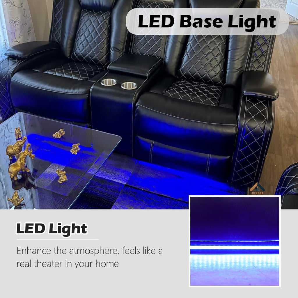 Power Recliner Sofa Set with LED Lights, Black Leather Reclining Loveseat and Chairs with Storage Console, USB Ports