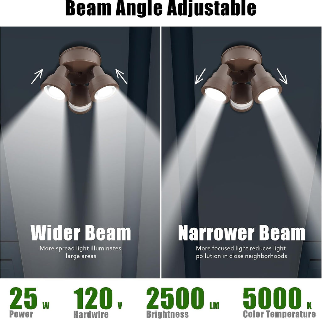 Outdoor LED Two-Head Security Flood Light, Motion Sensor, Adjustable Beam Angle Light Coverages, Adjustable