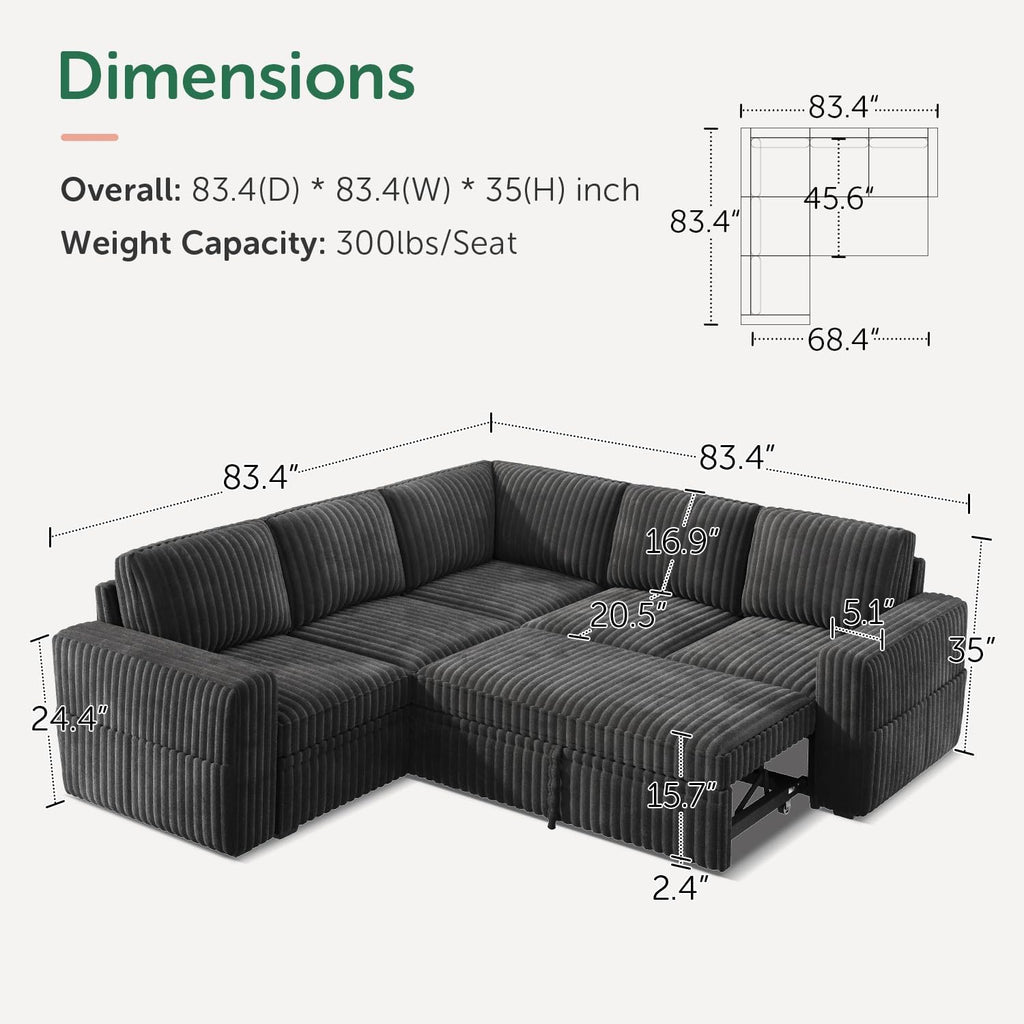Modular Sectional Sleeper Sofa with Pull Out Bed,Corduroy L Shaped Couch with Storage, Sectional Couches ,Dark Grey