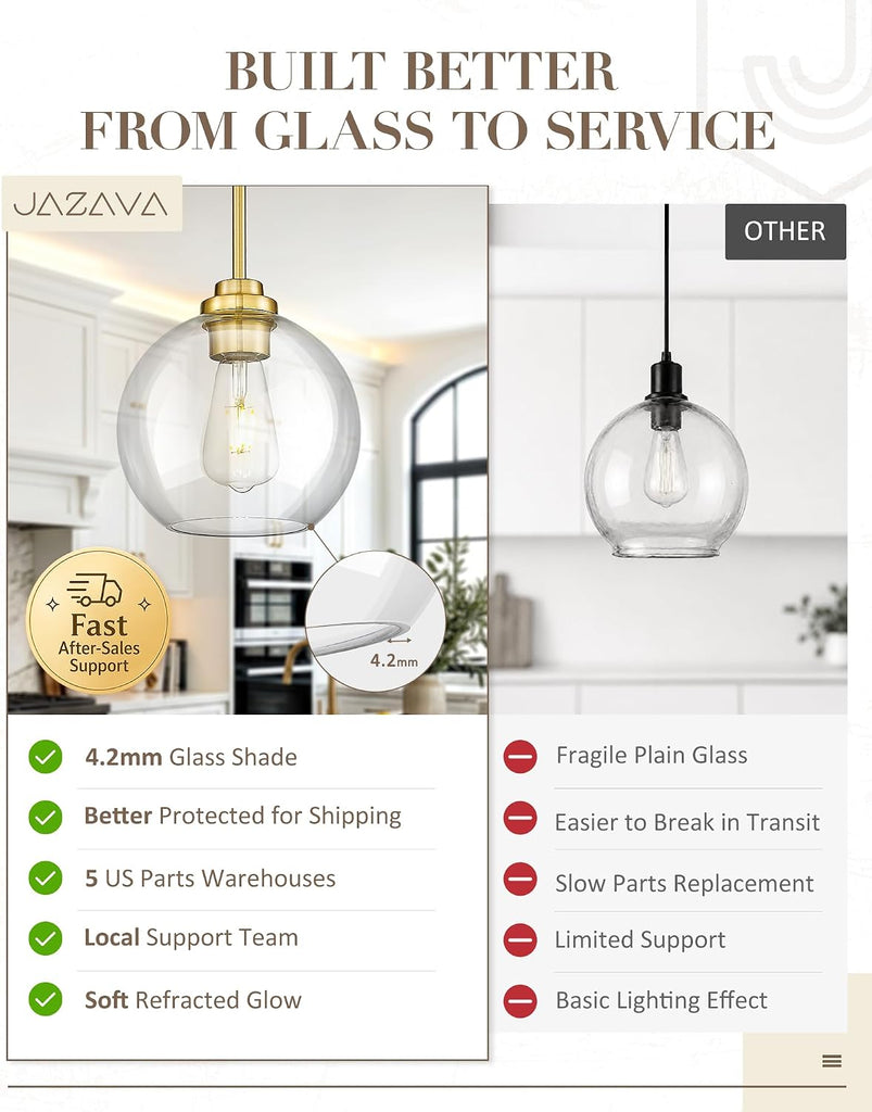 8 inch Modern Gold Pendant Light Fixtures, Mid Century Globe Pendant Lights with Clear Glass, 1 Light Hanging Lights