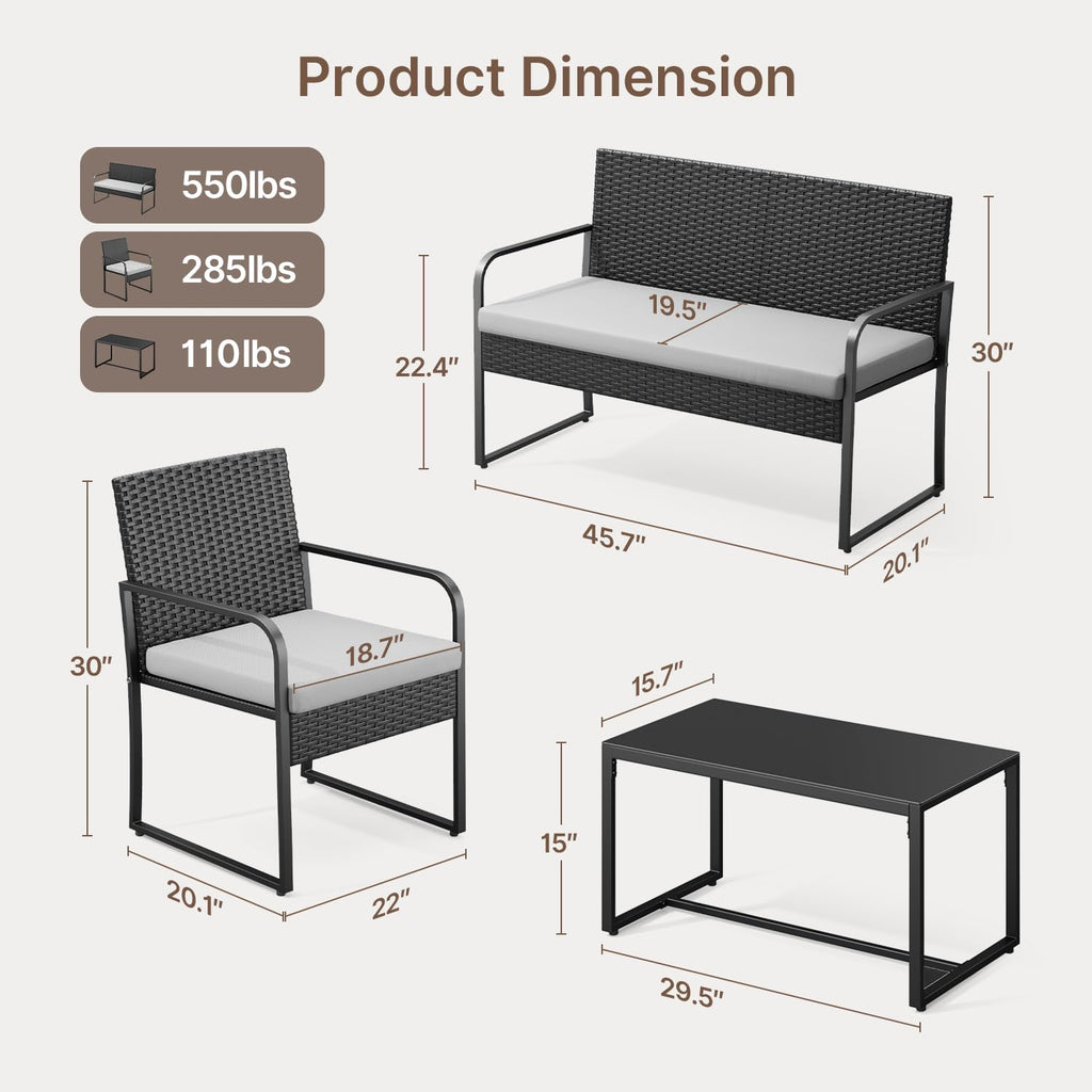 4 Piece Patio Furniture Set, Cushion-Grey