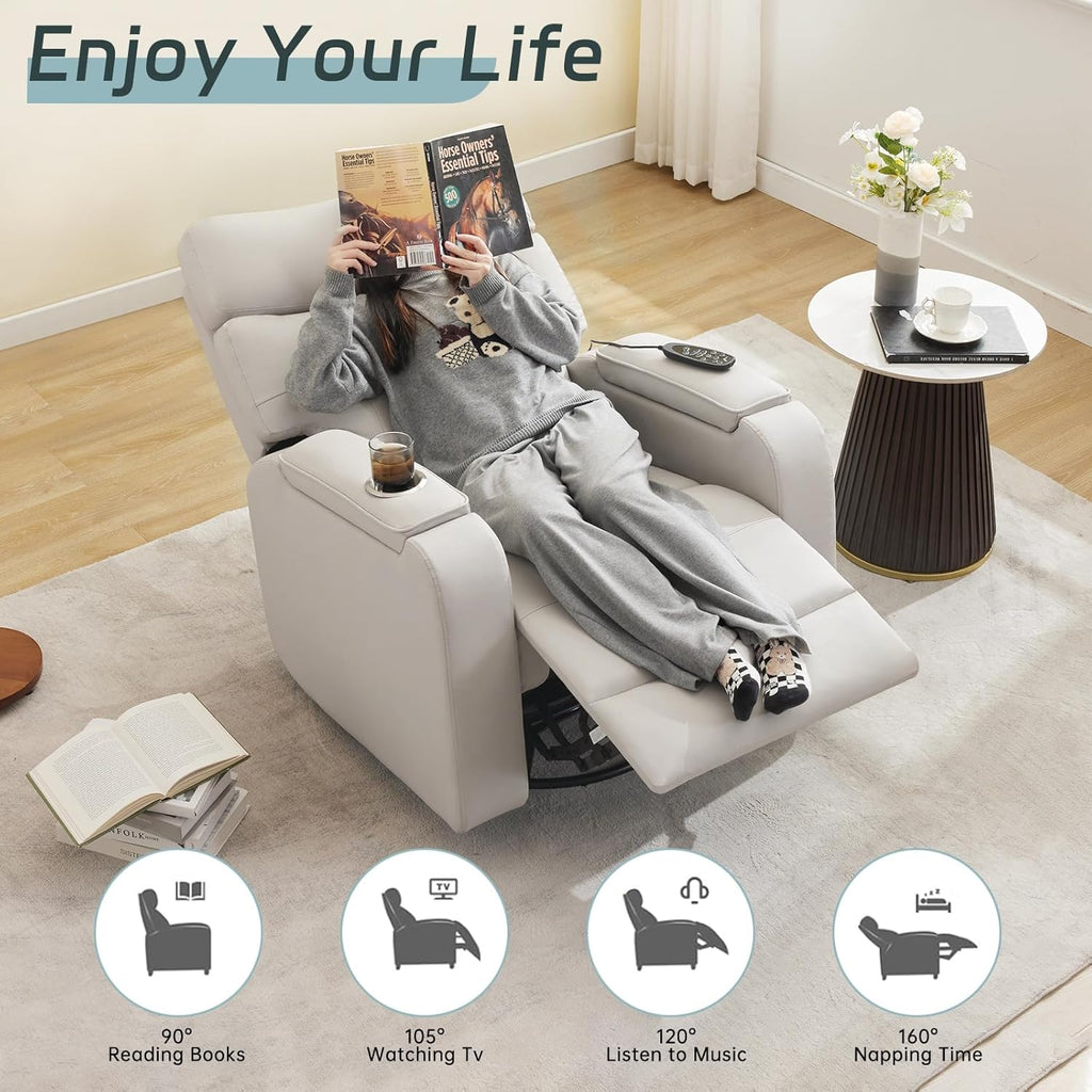 Swivel Rocker Recliner with Massage & Heat, PU Leather Rocking Recliner with Type-C Port & Timing, Oversized Power