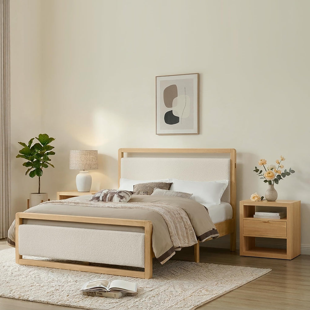 Wood Bed Frame, with USB Headboard & Footboard, Oat, Full