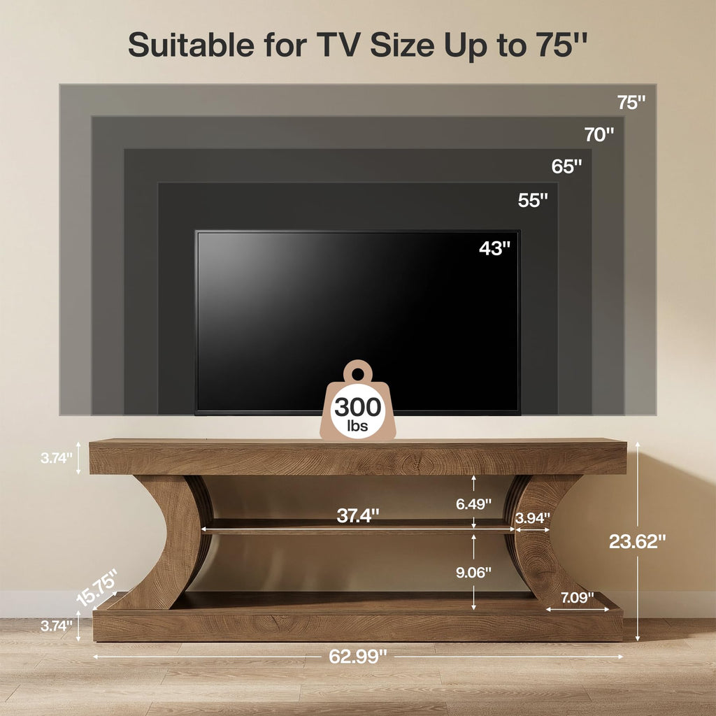 63-Inch Farmhouse Entryway Console Table with Storage, TV Console with Curved Design, Brown (Brown, 15.75" D x 63" W