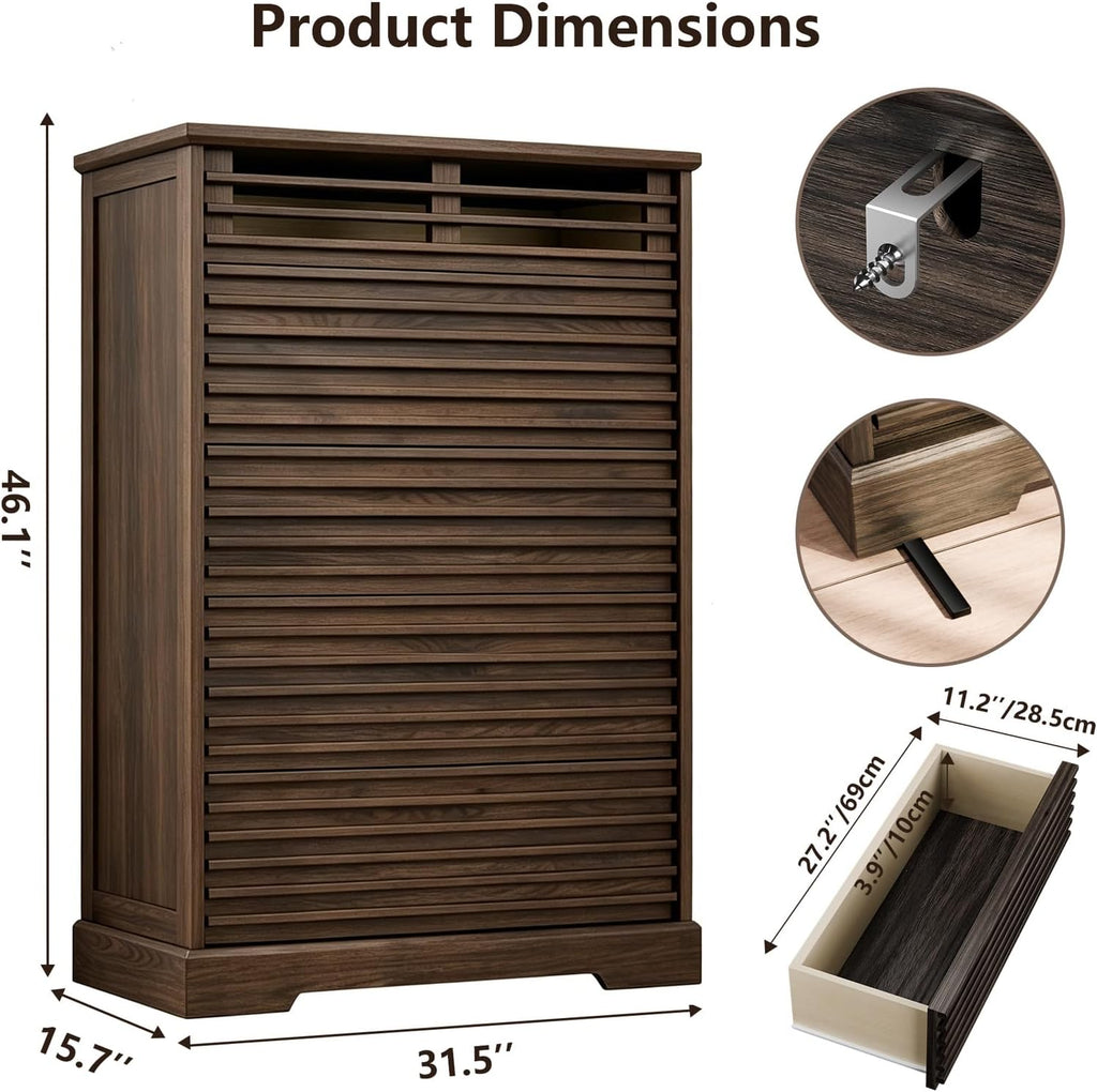 Fluted 5 Drawer Dresser, 46'' Tall Vertical Dresser with Led Light, Farmhouse Brown Wood Chest of Drawers with Grille