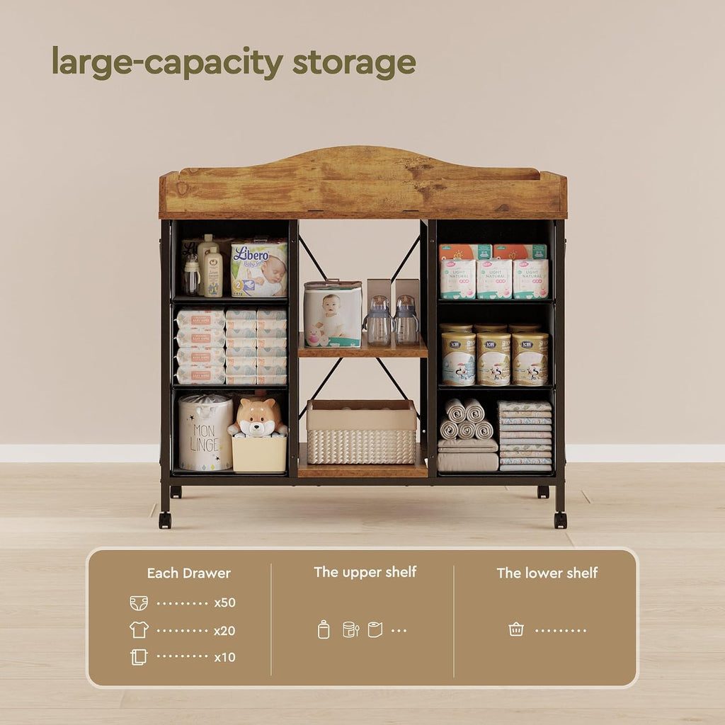 Changing Table, 6-Drawer Dresser, Adjustable Shelves, Rustic Brown | Changing Table,Waterproof Diaper pad & Safety