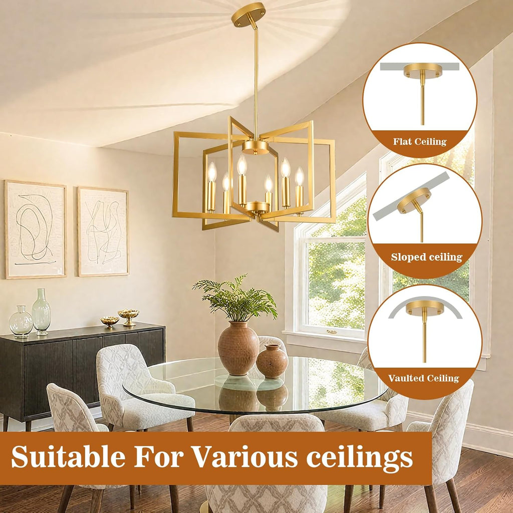 Modern Gold Chandelier 6 Light Height Adjustable Geometric Metal Farmhouse Hanging Light Fixture for Dining Room Over