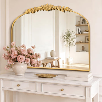 Large Vintage Gold Mirror: 40"x30" Baroque Antique Arched Mirror