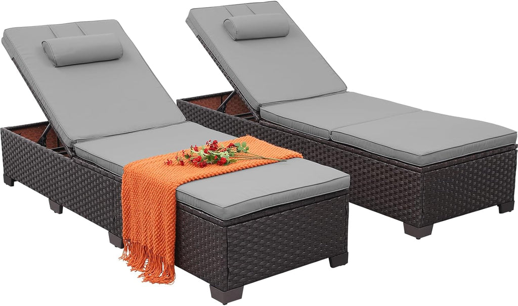 Brown Wicker Patio Chaise Lounge Chairs Set of 2 Outdoor Chaise Lounge Pool Lounge Chairs Poolside Recliner Chairs