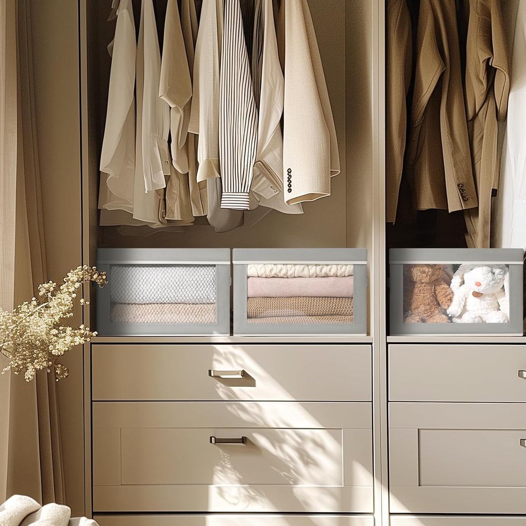 Storage Bins with Lids - Fabric Closet Storage Bins with Window, Collapsible Baskets for Shelves 4 Pack, Home