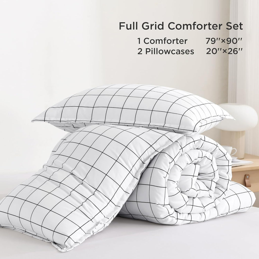 Comforter Sets, White Gingham Plaid Grid Checkered Bedding Comforter Set for Teens Boys Girls Kids, 3 Pieces