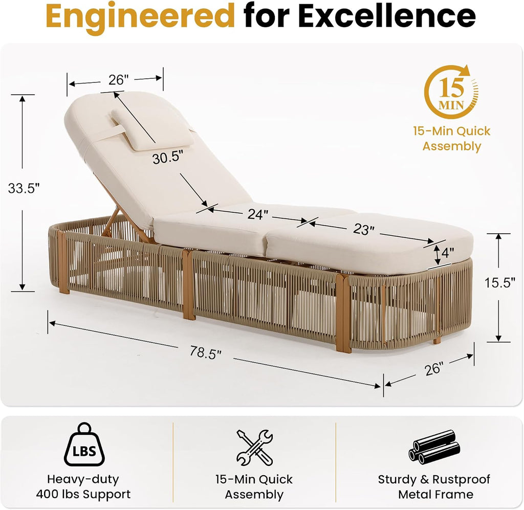 Patio Chaise Lounge Chairs Outdoor, Biege | 5-Position Adjustable Backrest, All Weather PE Rope Wicker, Modern