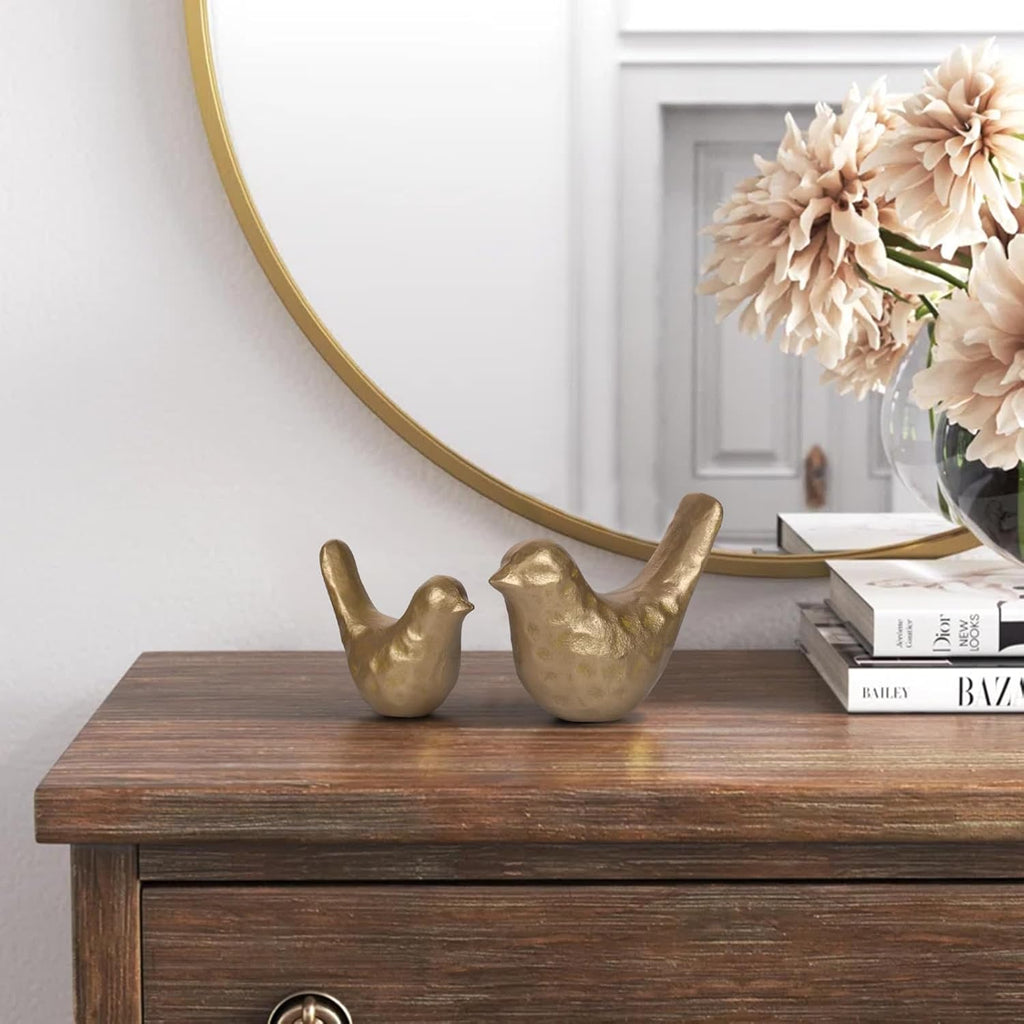 Elegant Cast Iron Bird Statue with Vintage Brass Coating - Gold Bird Figurine Desk, Living Room, Bedroom, Office