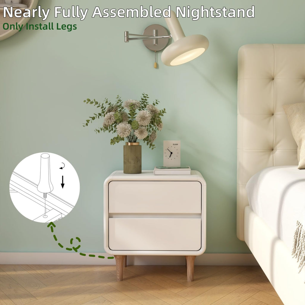 White Wood Nightstand, Solid Wood Night Stand with 2 Drawers, Small