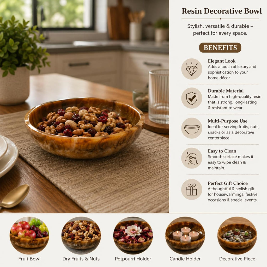 Luxury Marble Resin Decorative Bowl Decor | Handcrafted Round Serving & Centerpiece Bowl | Elegant Brown Gloss Finish