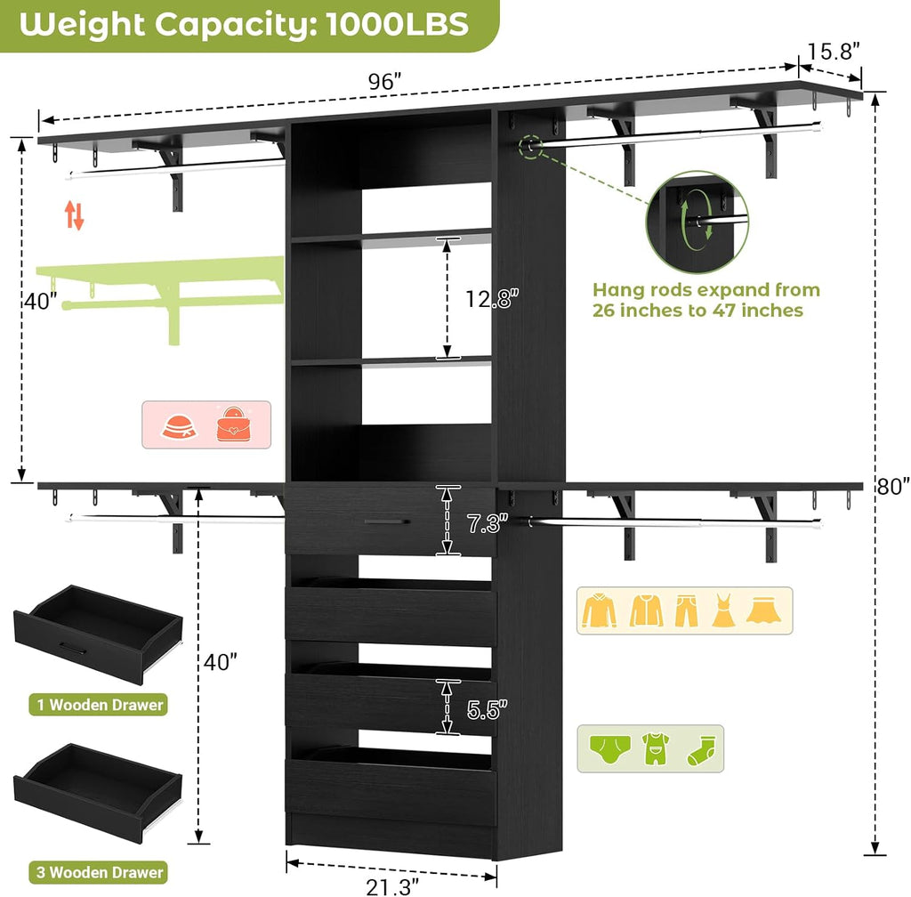 Closet System, 8FT Closet Organizer with 4 Wooden Drawers, Wood Closet Organizer System with Tower, Walk-in Closet