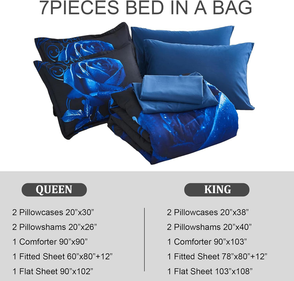 Blue Comforter Set 7 Piece Bed in a Bag Blue Rose Comforter with Sheet Set Soft Micorfiber Reversible