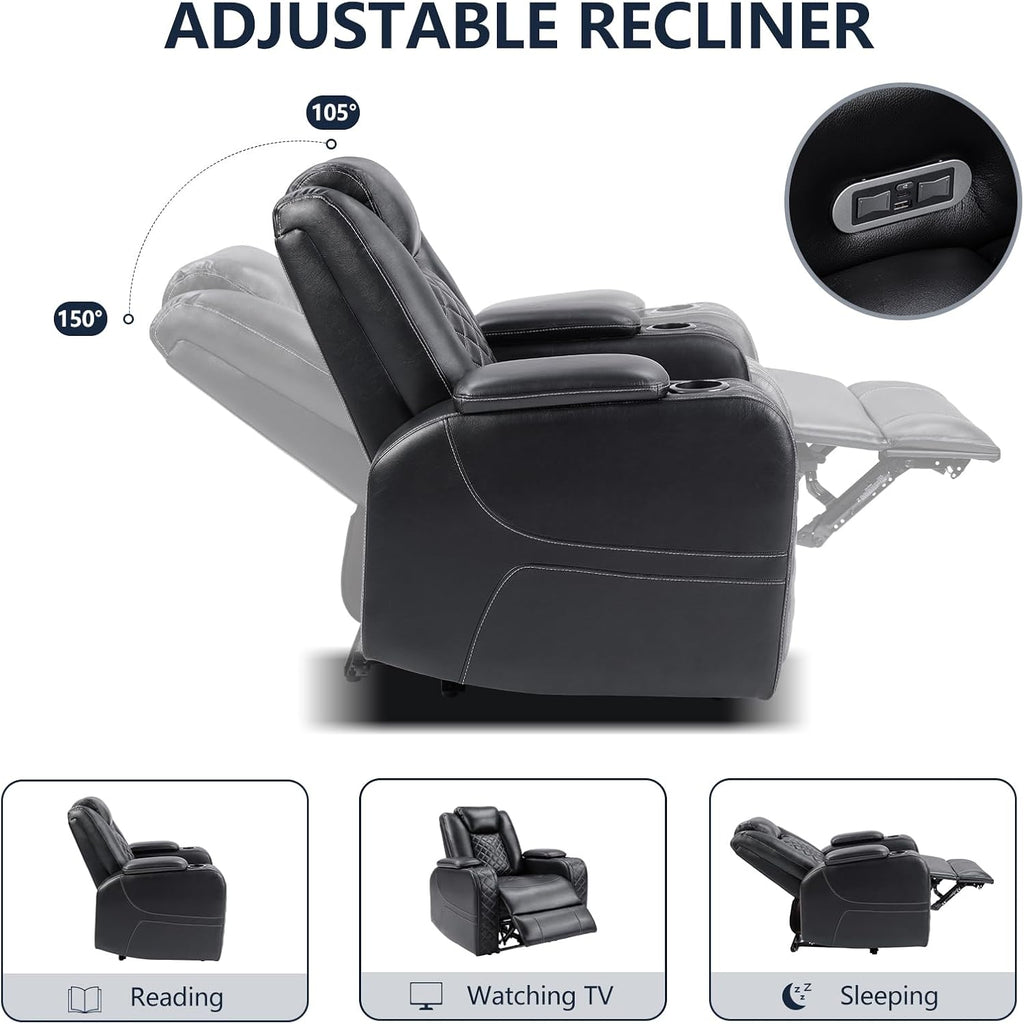 Electric Power Recliner Chair with Adjustable Headrest,Breathable Faux Leather Home Theater Seating with Ambient Lighting,Cup Holders,Hidden Arm Storage,USB,Type-C Ports,Black